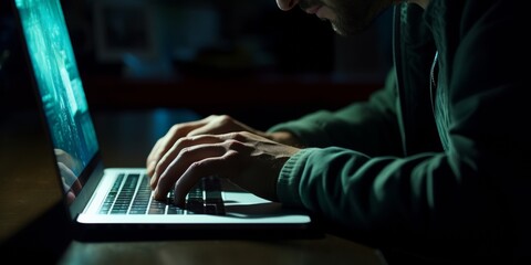 Hands of hacker coding computer virus on laptop, symbolizing cybersecurity and data protection. Generative AI.