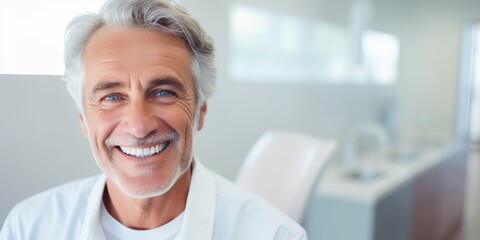 Fototapeta premium The snow-white smile of a middle-aged man in the dentist’s office. Generative AI.
