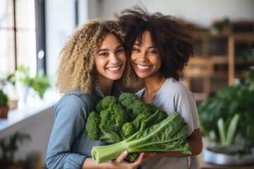 Obraz premium Woman have fun holding gluten-free organic green vegetable. Healthy nutrition. Generative AI.