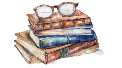 Watercolor illustration of a stack of old, leatherbound books, a spectacles resting on top, on a white background