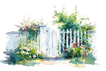 Watercolor painting of a garden gate opening to a secret garden, flowers in bloom, on a white background