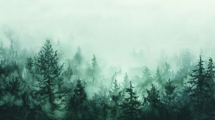 Watercolor painting of a misty forest at dawn, shades of green and gray, mysterious depth, on a white backdrop