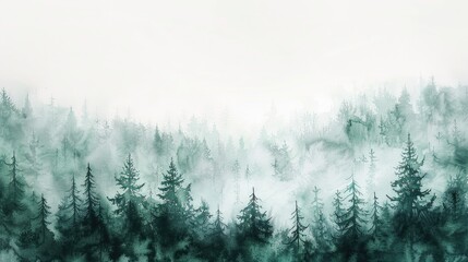 Watercolor painting of a misty forest at dawn, shades of green and gray, mysterious depth, on a white backdrop