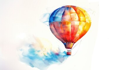 Whimsical watercolor of a hot air balloon, its colors bright against a clear sky, on a white background