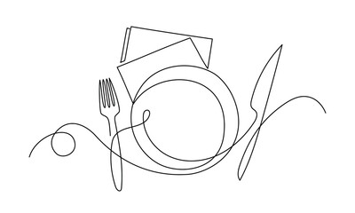 Restaurants plate and utensils in one continuous line drawing. One line restaurant poster. Outline plate and utensils. Vector illustration - obrazy, fototapety, plakaty