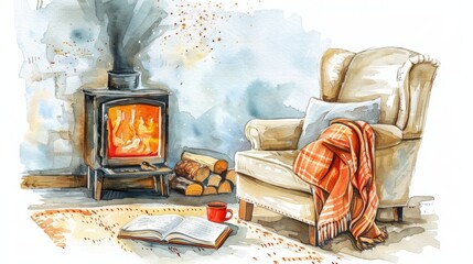 Watercolor depiction of a cozy fireside scene, a chair and a good book awaiting, on a white background