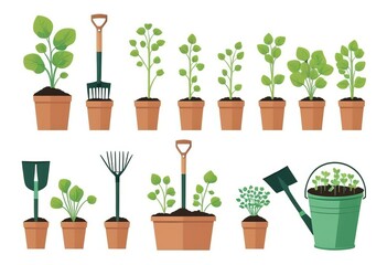 Fototapeta premium Collection of garden tools and plants. Gardening or horticulture concept.