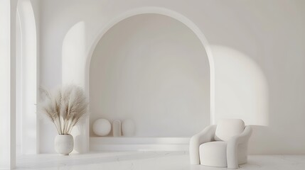 White minimalist interior with arched doorways for product display, featuring an armchair and vase...