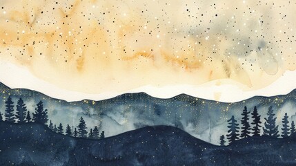 Watercolor depiction of a midnight sky, stars twinkling above a silhouetted landscape, on a white background