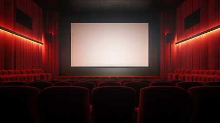 Fototapeta premium Cinema interior with seats and white screen. Movie theater room with chairs.