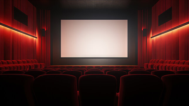 Cinema interior with seats and white screen. Movie theater room with chairs.