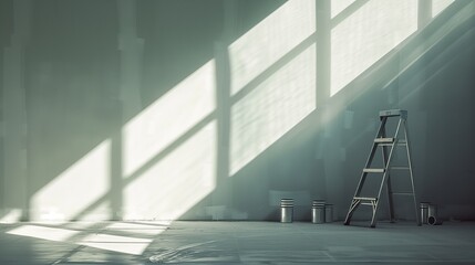 Visualize an empty room bathed in geometrical sunlight, featuring a stepladder and cans of paint strategically placed 