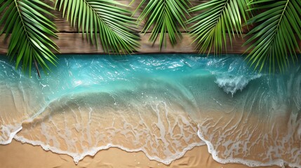 tropical summer background. top view of Sand, ocean waves, and palm trees background with copy space.