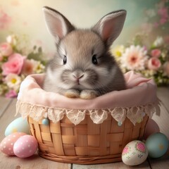 Baby Bunny in Easter Basket with Colorful Eggs
