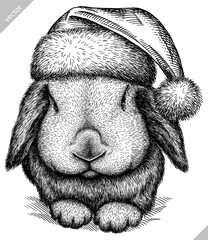 Vintage engraving isolated rabbit set dressed christmas illustration hare ink santa costume sketch. Easter bunny background jackrabbit silhouette new year hat art. Black and white vector image - 765814699