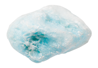 close up of sample of natural stone from geological collection - raw blue aragonite mineral isolated on white background