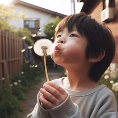 Child Blowing a Dandelion in Sunlight