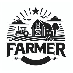 Stylized farmer logo with barn and tractor