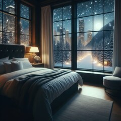 Luxurious Bedroom with Snowy Cityscape and Forest View at Night