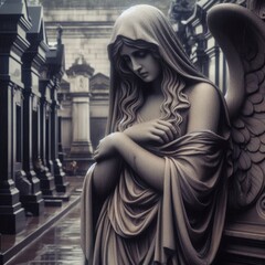 Statue of a Weeping Angel in a Cemetery