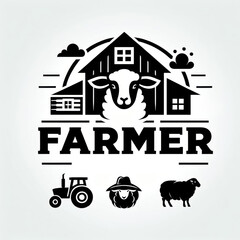 Farmer's Logo with Barn, Tractor, and Livestock Illustration