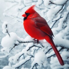 Red Cardinal Bird Perched on Snowy Branch in Winter