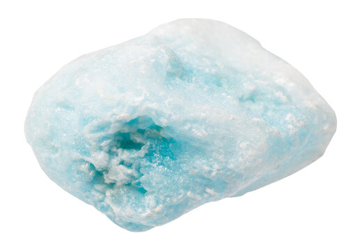 close up of sample of natural stone from geological collection - raw blue aragonite mineral isolated on white background