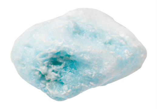 close up of sample of natural stone from geological collection - raw blue aragonite mineral isolated on white background