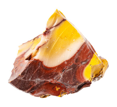 close up of sample of natural stone from geological collection - unpolished mookaite mineral isolated on white background