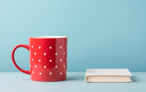 red mug with white polka dots and book on the table on a blue background. copy space.