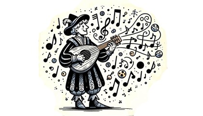 Cartoon illustration of a joyful musician playing guitar