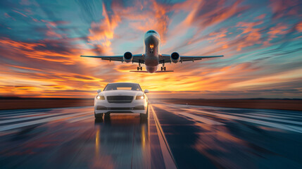 A sunset view through a car's front windshield with an airplane in the sky.