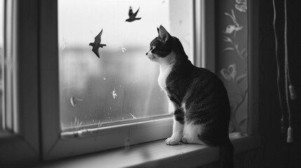 A black and white photo of a cat perched on a window sill, looking out the window at birds.