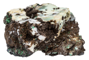 close up of sample of natural stone from geological collection - raw tenorite mineral isolated on white background from Southern Urals