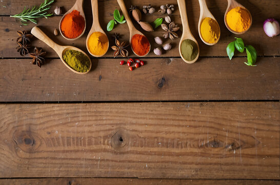 Colorful spices on wooden table. ai Generated
