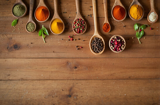 Colorful spices on wooden table. ai Generated