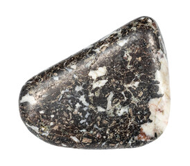 close up of sample of natural stone from geological collection - tumbled trachybasalt mineral...