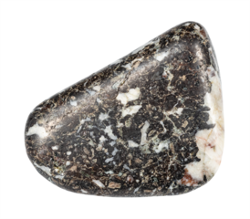 close up of sample of natural stone from geological collection - tumbled trachybasalt mineral isolated on white background from Polar Urals