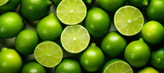 Fresh green lime citrus fruits, some of them cut in half, closeup macro detail from above. Generative AI