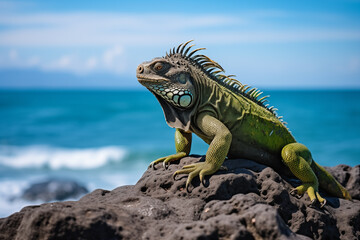 Obraz premium Documentary photo of an iguana perched on a rock