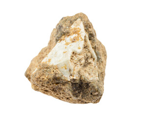 close up of sample of natural stone from geological collection - raw achtarandite mineral isolated on white background from Akhtaranda, Yakutia