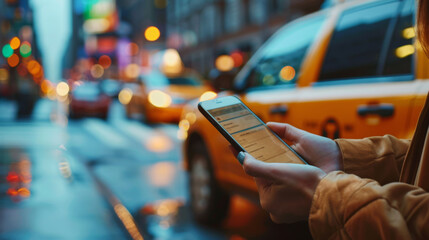 A hand holds a smartphone with a blurred yellow taxi in the background.