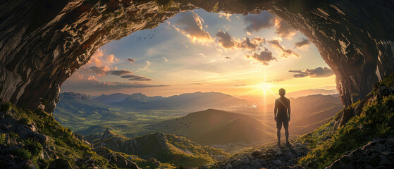 A man stands on the edge of an ancient cave, gazing out at the sunrise over clouds and mountains