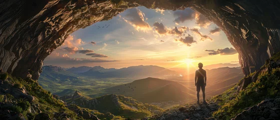 Fotobehang A man stands on the edge of an ancient cave, gazing out at the sunrise over clouds and mountains © Kien