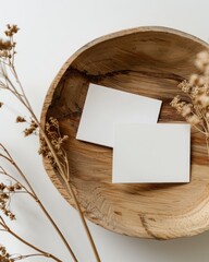 Mockup photo of two whites blanks horizontal business cards on round rustic tray