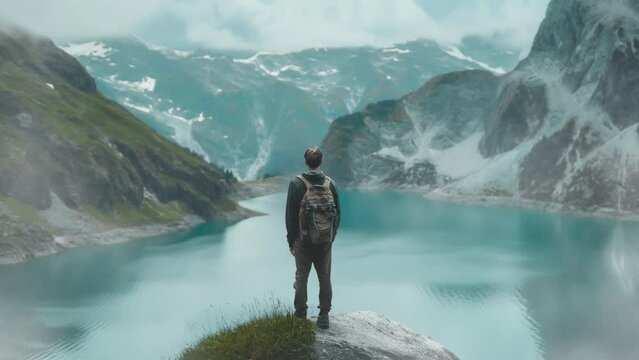 a hiker standing on a cliff in front of a mountain lac - sport adventure incredible landscape discovery - 2.5d parallax animation.