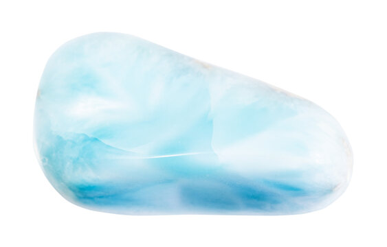 close up of sample of natural stone from geological collection - polished larimar gem stone isolated on white background from Dominicana