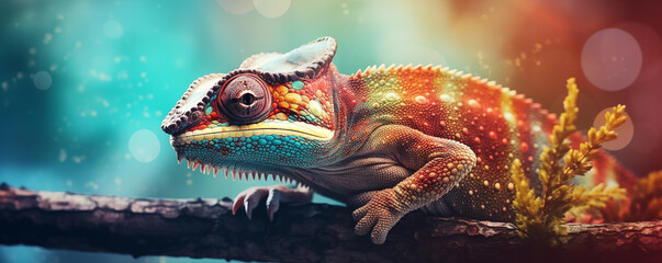 Close-up view of a chameleon perched on a branch, minimalist background, banner with free space for text