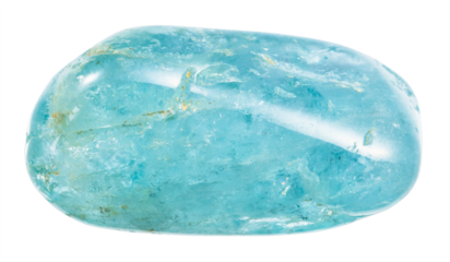 close up of sample of natural stone from geological collection - tumbled aquamarine gemstone isolated on white background from Brazil