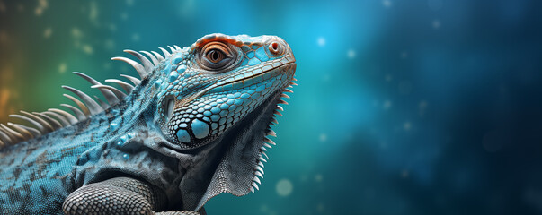 Close-up view of an Iguana isolated on minimalist background, banner with free space for text